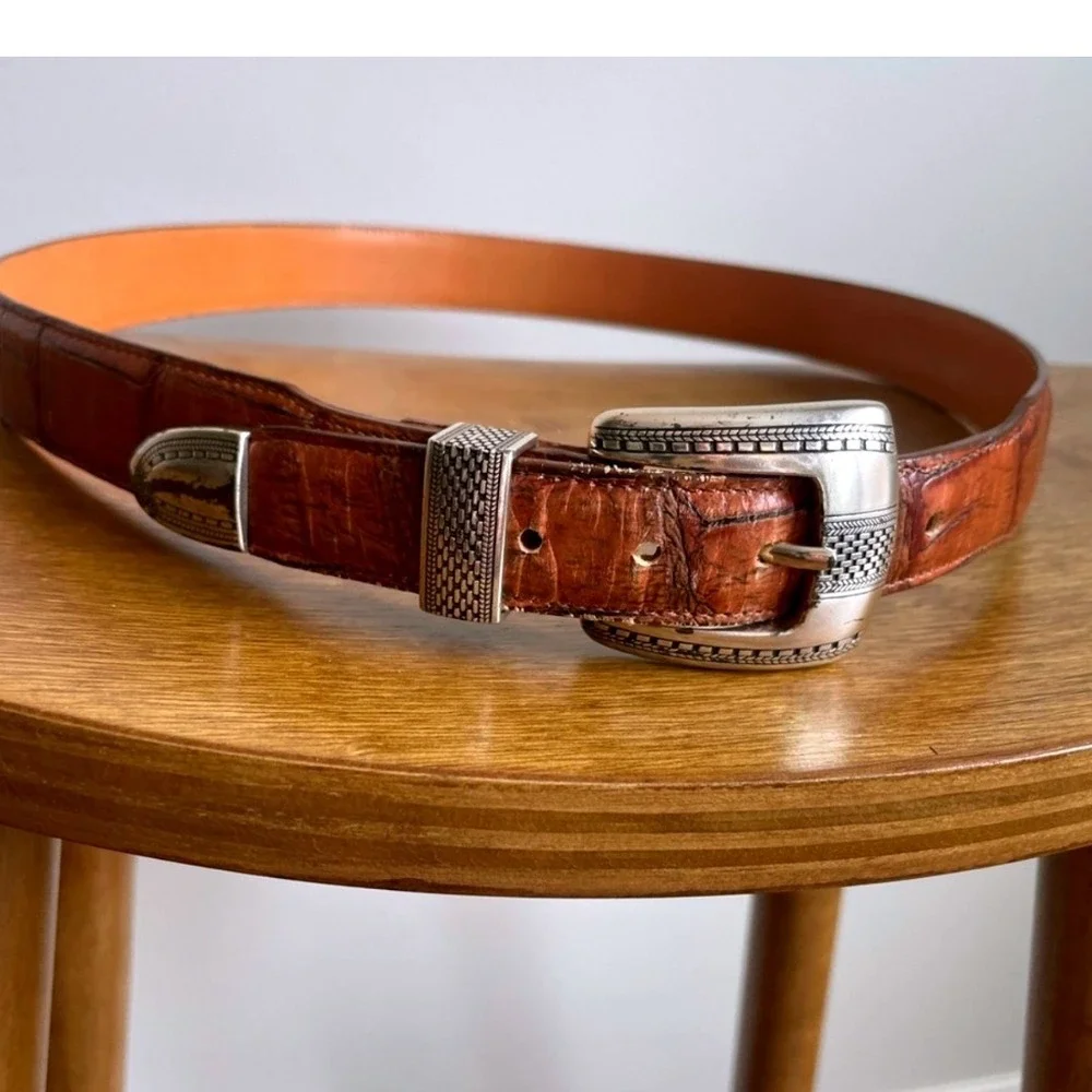 ONYX by Brighton Belt 38 Brown Croc Embossed‎ Leather Western Silver Buckle 1993